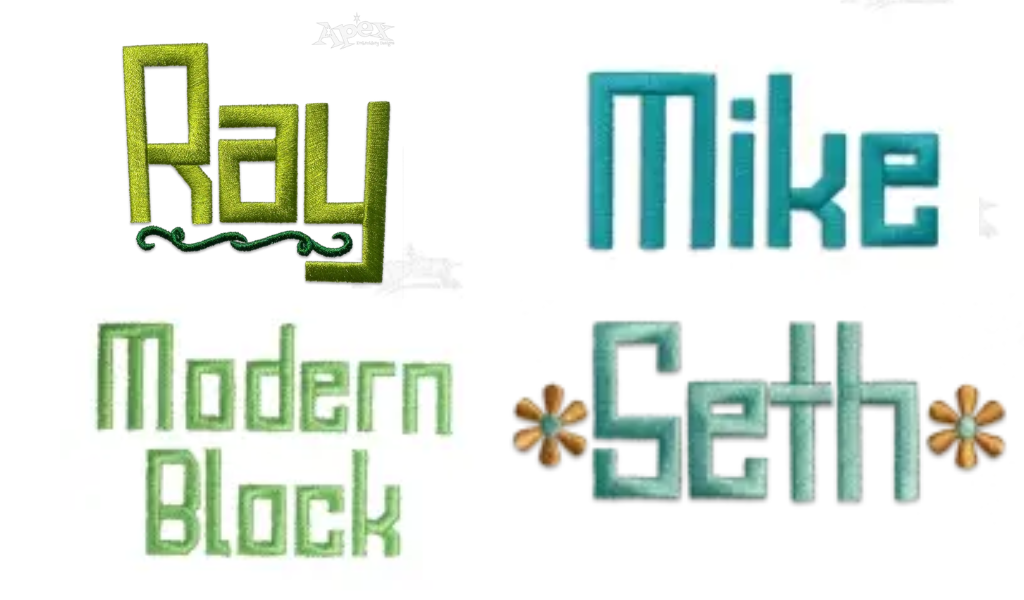 Modern Block Embroidery Font is a choice for custom names and everyday lettering