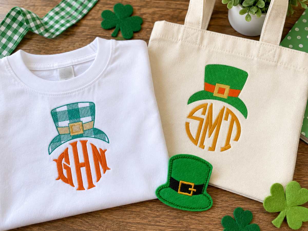 Playful St Patrick embroidery designs with leprechaun hats for shirts, bags, and holiday accessories