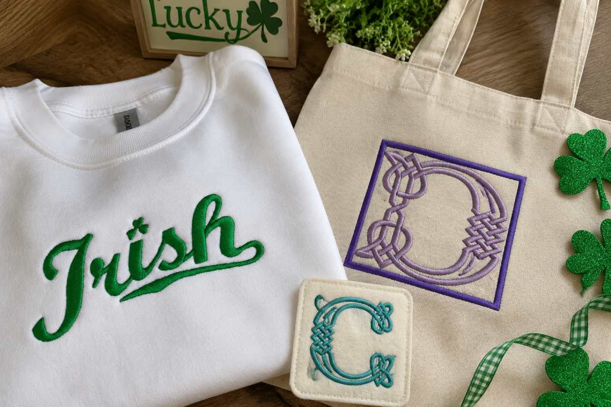 Irish font embroidery designs featuring Celtic lettering, lucky words, and personalized