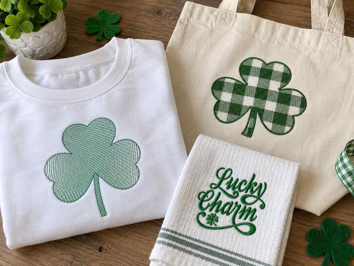 St Patricks Day embroidery designs with shamrock, plaid clover, and lucky charm embroidery on shirts, tote bag, and towel