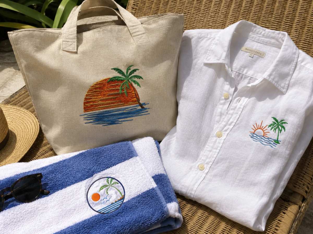 Palm tree and sunset embroidery designs bring a relaxed beach feel to simple items like tote bags, resort shirts, and summer towels.