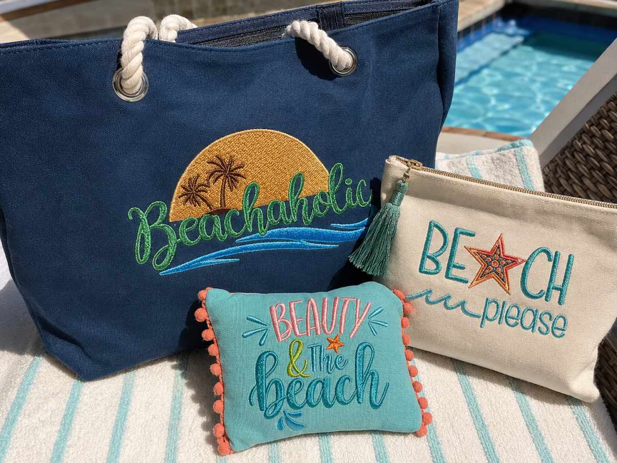 Beach word art embroidery designs make summer items feel instantly fun, colorful.