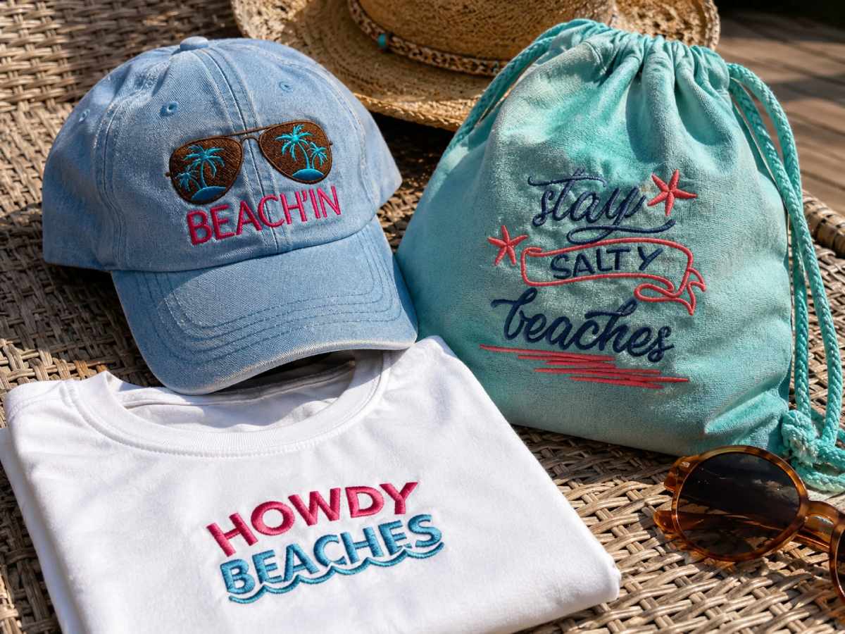 Playful beach sayings embroidery designs add personality to casual summer items like caps, drawstring bags, and simple tees.