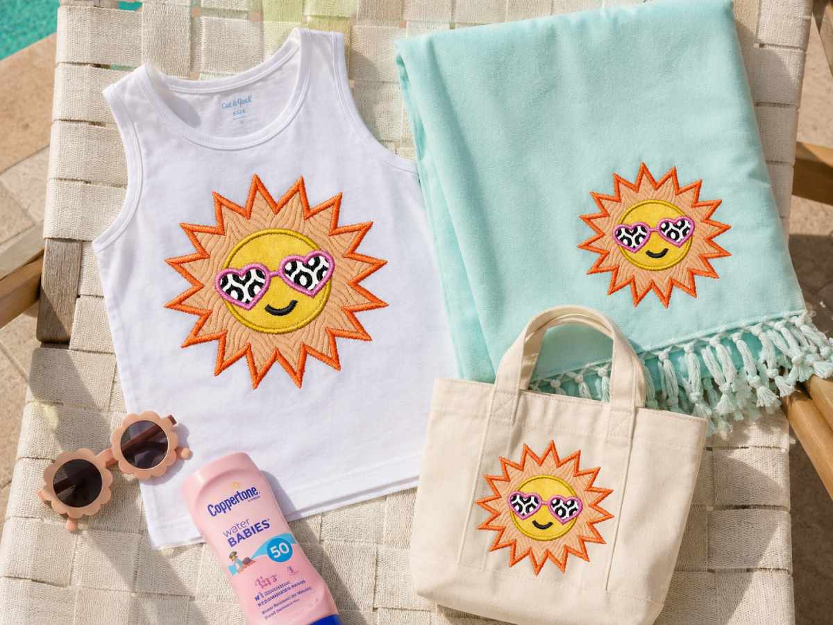 Summer sun applique embroidery adds cheerful color and playful charm to kids’ tops, tote bags, and summer accessories.