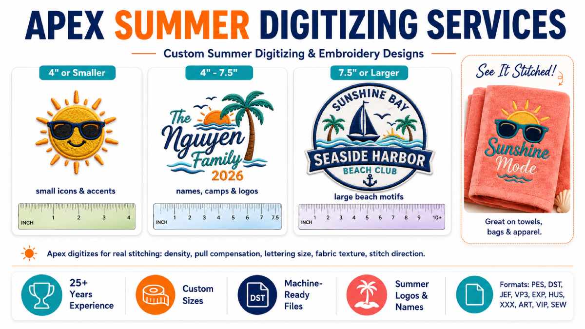 Apex summer digitizing services help turn custom vacation names, camp logos, and coastal artwork into machine-ready embroidery files.