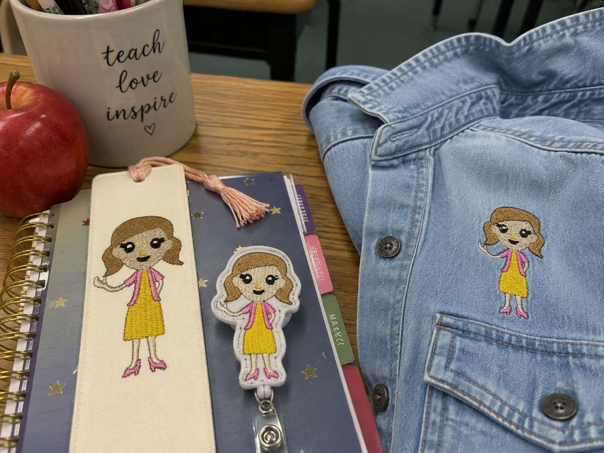 Character-style teacher embroidery is great for playful classroom gifts and small patches.