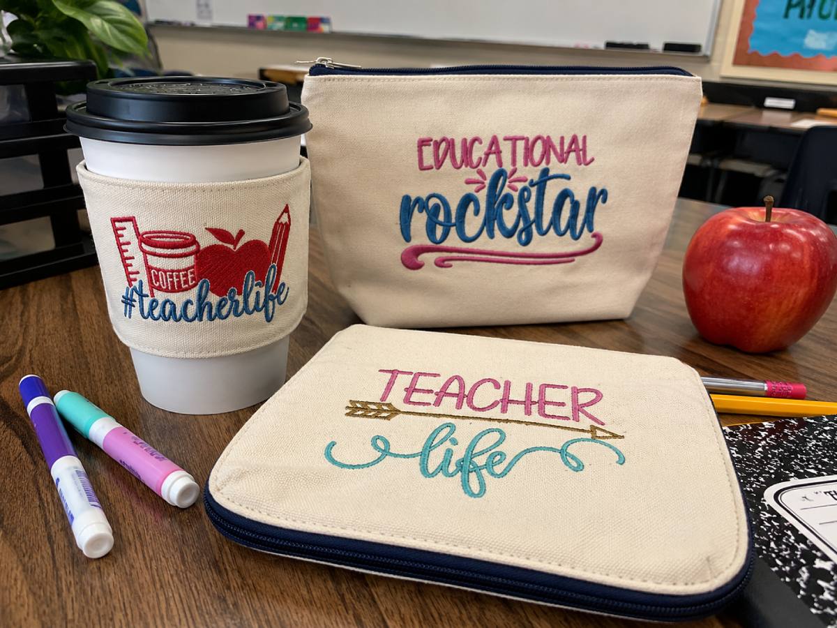Funny teacher embroidery works well on everyday items like pouches and coffee sleeves.