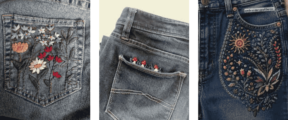 Hand-embroidered jean pocket designs