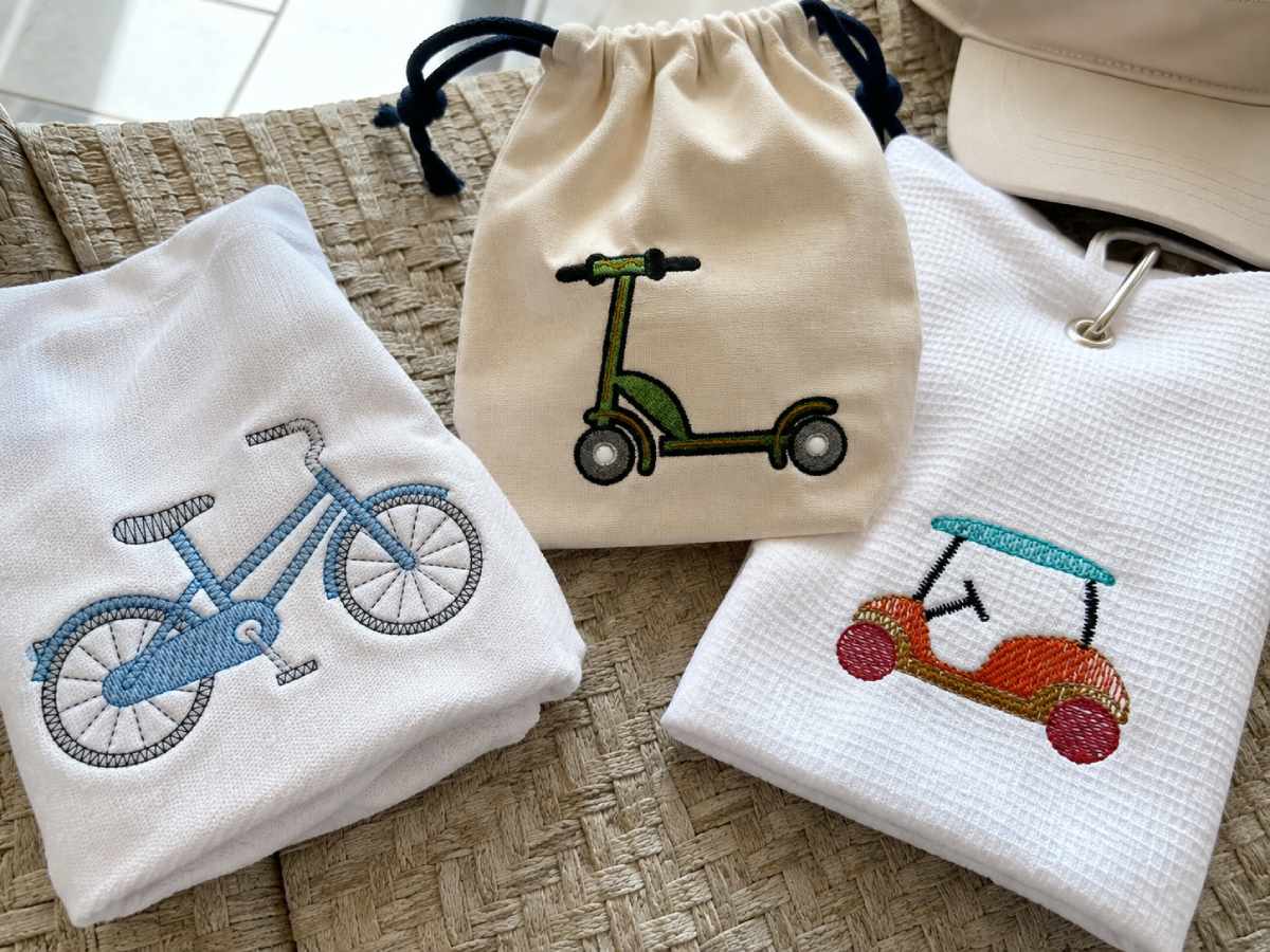 Consider the Bike Bicycle Sketch, Kick Scooter #2 and Golf Cart Embroidery Design #2.