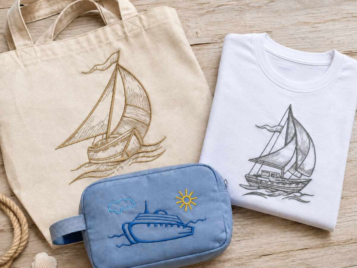 The collection includes Sailboat Line Art #1 Embroidery Design, Sailboat Line Art #2 Embroidery Design and the Cruise Ship Embroidery Design.