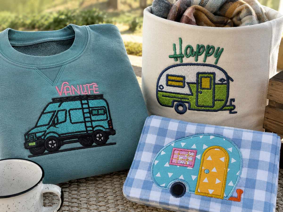 Related designs include Van Life, Trailer Camper RV Embroidery Designs and the Camper Trailer Applique Embroidery Design.