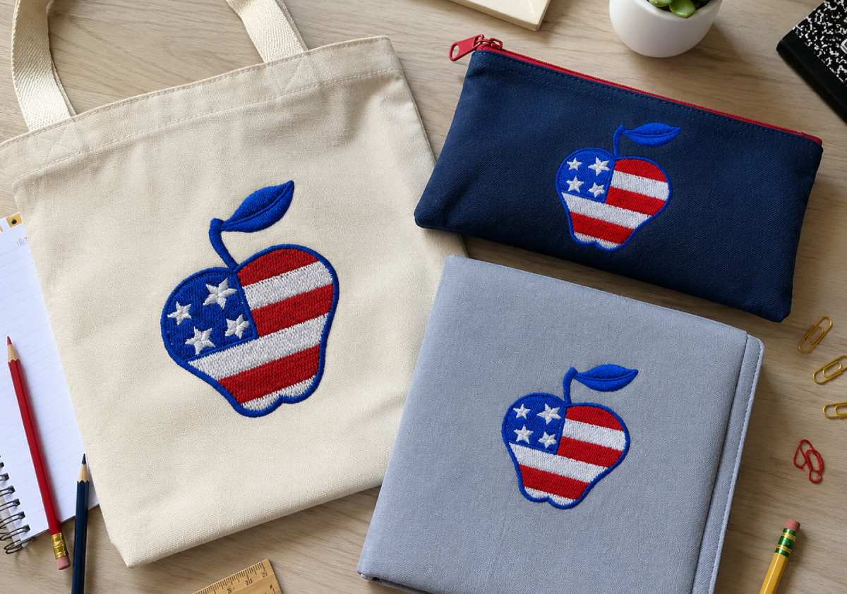 Apple USA Flag Embroidery Design connects the classroom theme with patriotic color in a simple way.