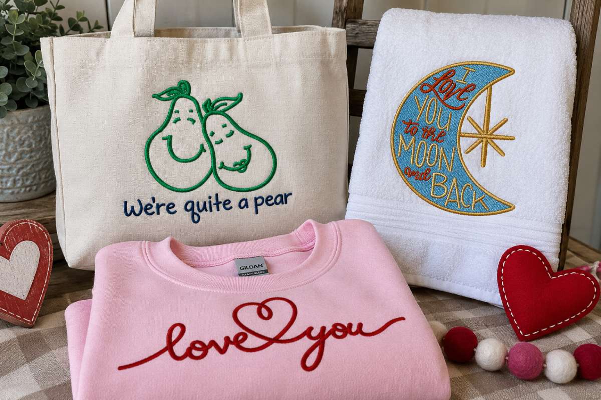 Word art and love sayings work particularly well on towels, pillows, tote bags, sweatshirts and keepsake projects because the text becomes the focal point.
