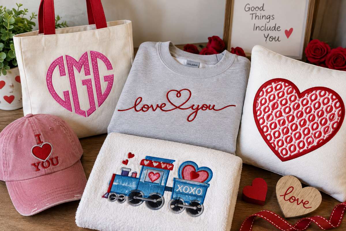 A little more personal than flowers and chocolate - heart monograms, love lettering and Valentine’s Day embroidery designs stitched into gifts they can keep long after February 14.