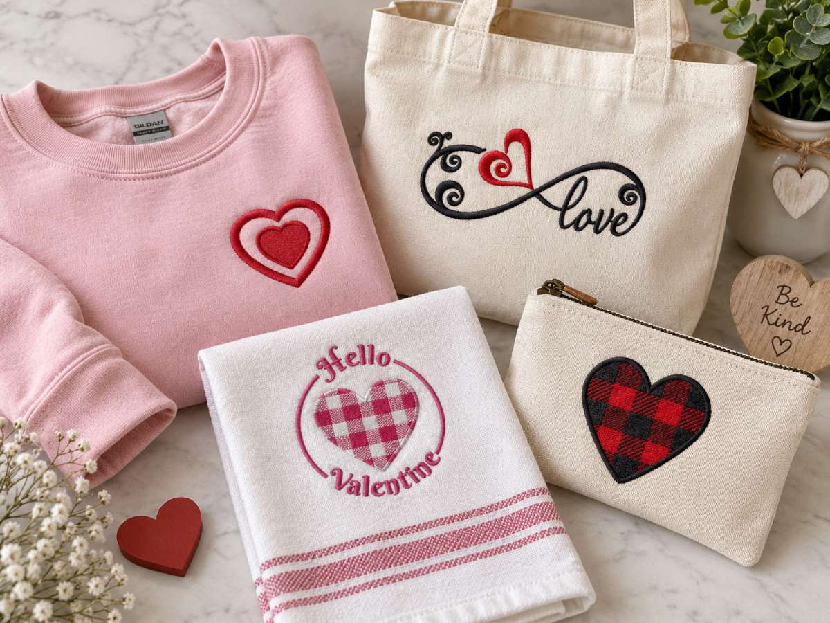These valentines day designs are easy to place on sweatshirt chests, tote bag corners, towels, small accessories or alongside a name.