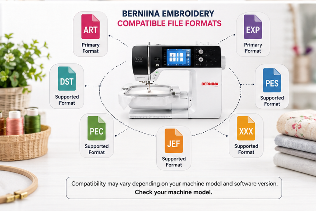 BERNINA embroidery machine compatible with ART, EXP, DST, PES, PEC, JEF and XXX file formats
