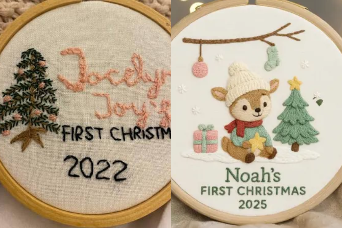 Machine embroidery or hand embroidery for the baby's first Christmas embroidery designs?