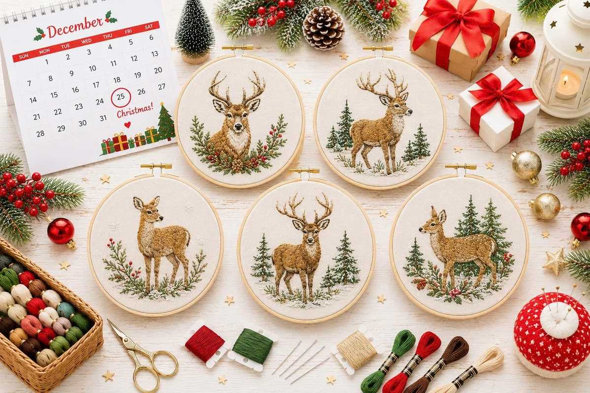 Realistic forest reindeer embroidery pattern