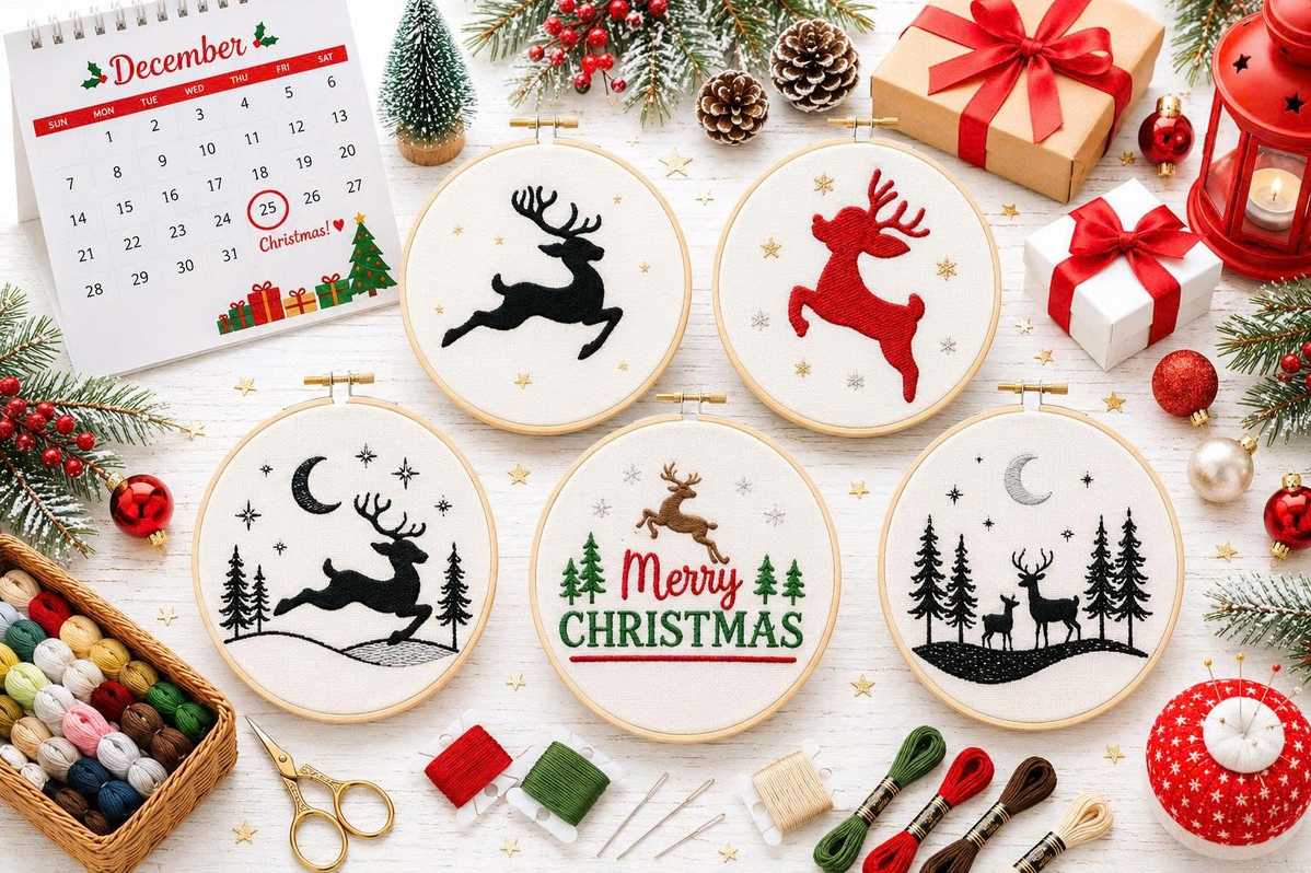  Embroidery pattern featuring a flying reindeer silhouette.