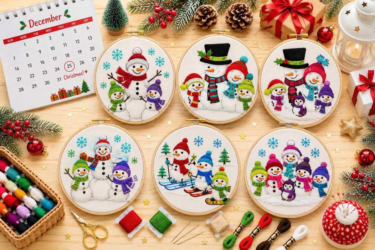 Embroidery pattern of a snowman family scene.
