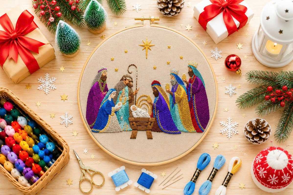 Full Nativity scene embroidery pattern
