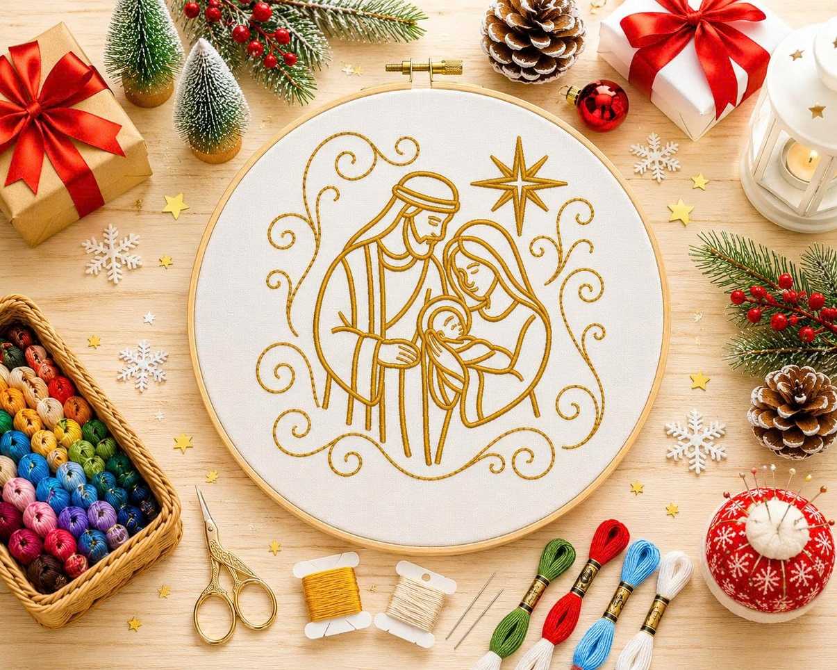 Embroidery pattern featuring the silhouette of the Holy Family.