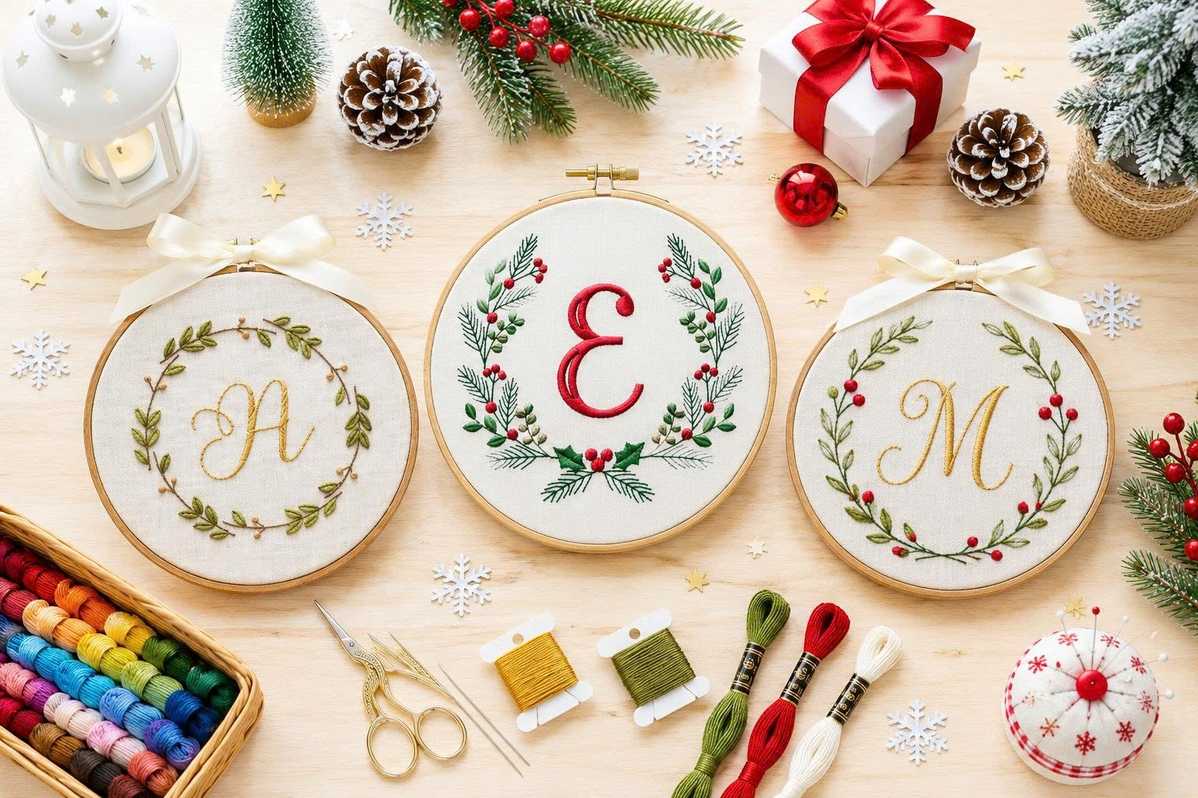Embroidery pattern of interlocking floral wreath