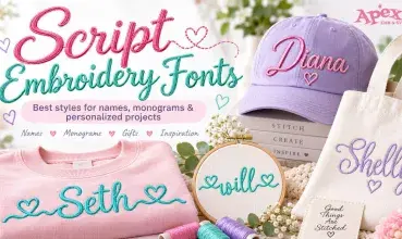 Script embroidery fonts for names, monograms and personalized projects