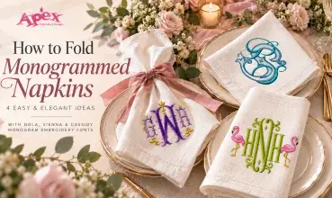 Monogrammed napkins styled with Nola, Vienna and Cassidy embroidery fonts