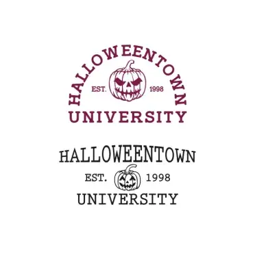Two Halloweentown University SVG designs with a carved pumpkin and est. 1998, one arched in maroon and one stacked in black