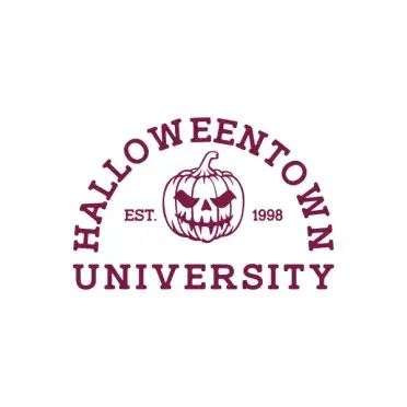 Halloweentown University SVG with arched maroon varsity lettering around a carved jack-o-lantern