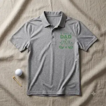 Best Dad by Par SVG cut in green on a heather grey golf polo laid flat, with a golf ball and wooden tee beside it
