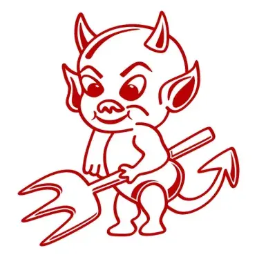 Cartoon devil imp SVG in red line art with curved horns, pointed ears and a pitchfork