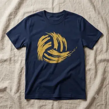 Distressed volleyball SVG cut in gold vinyl on a navy cotton t-shirt laid flat on oat linen