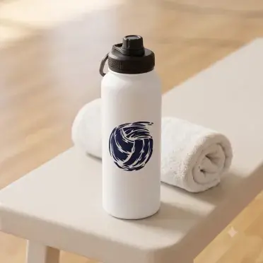 Distressed volleyball SVG cut in navy on a white insulated water bottle on a gym bench beside a rolled white towel