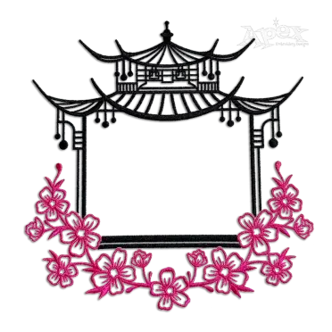 Pagoda Monogram Frame with Flowers Embroidery Design