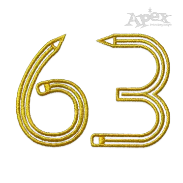 Yellow number 63 embroidery design shaped with pencil details for personalized school and back-to-school projects