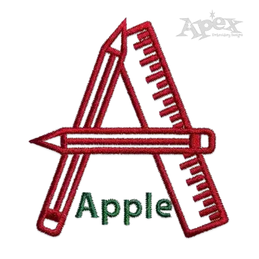 Red letter A embroidery design with pencil and ruler details and green Apple text for school-themed projects