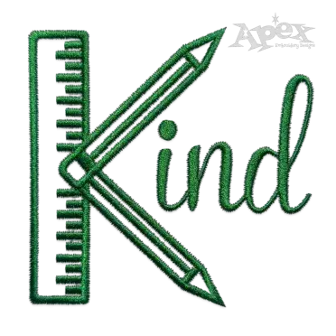 Green letter K embroidery design made with pencil and ruler elements and KIND lettering for school projects