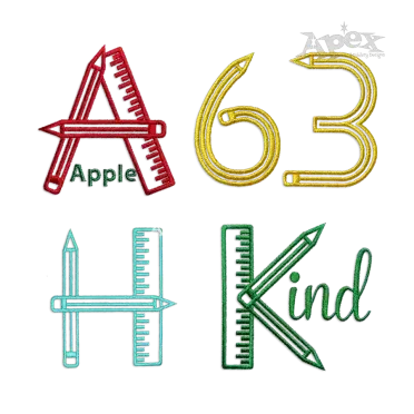 School embroidery font preview showing letter A, number 63, letter H and KIND designs with pencil and ruler details