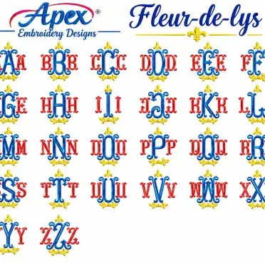 Fleur-de-lys 3-letter Monogram Machine Embroidery All