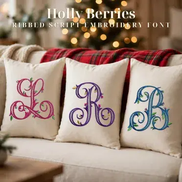 Holly Berries Ribbed Script Embroidery Font All 3