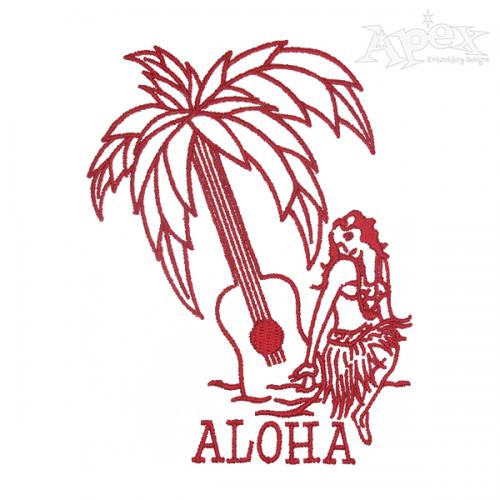 Aloha Hula Girl with Guitar Palm Tree Embroidery Designs