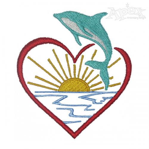 Flying Dolphin Beach Heart Embroidery Design