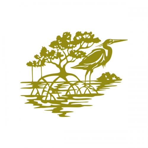 Mangrove Forest Swamp with Tree and Pelican Silhouette SVG Cuttable Design