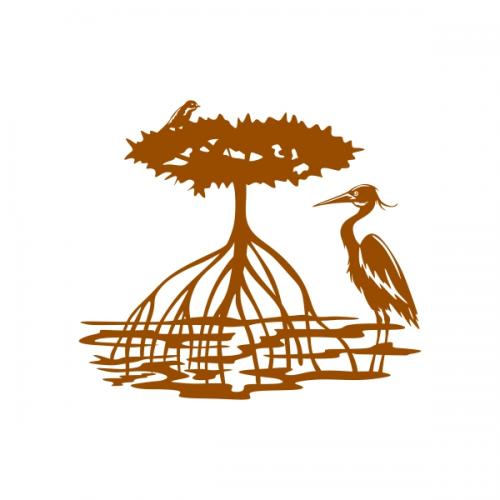 Mangrove Forest Swamp with Tree and Pelican Silhouette SVG Cuttable Design