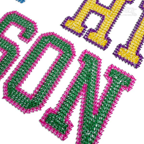 Varsity 2-color Chain Stitch Alphabet Font by Apex Monogram Designs