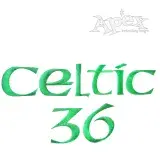 Irish Celtic embroidery font sample stitched reading Celtic 36 in green thread