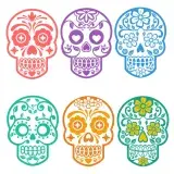 Six Day of the Dead sugar skull SVG designs in coral, purple, blue, teal, orange and green outline