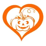 Pumpkin heart SVG with a smiling carved jack-o-lantern and a curling vine inside an orange heart frame